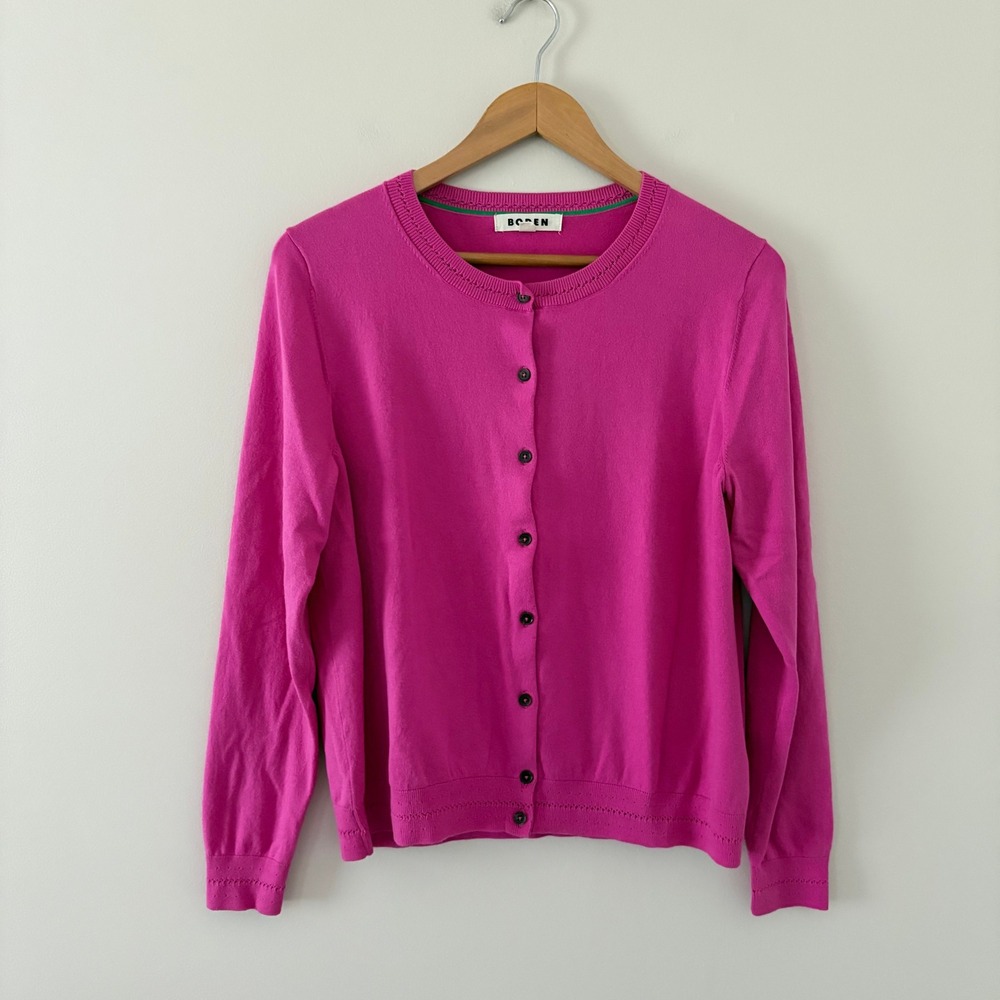 Boden Cardigan Sweater L Pink Classic Pointelle Trim Cotton Blend K0832